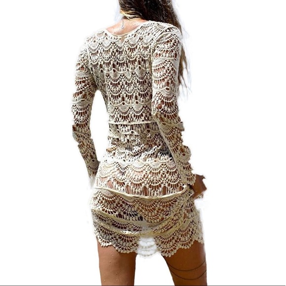 NWOT White Crochet Bohemian Dress/Coverup - Picture 3 of 5